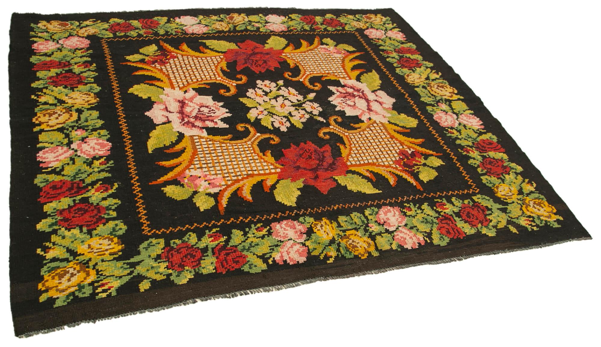 6 x 6 Black Vintage Moldovan Kilim Rug - 80