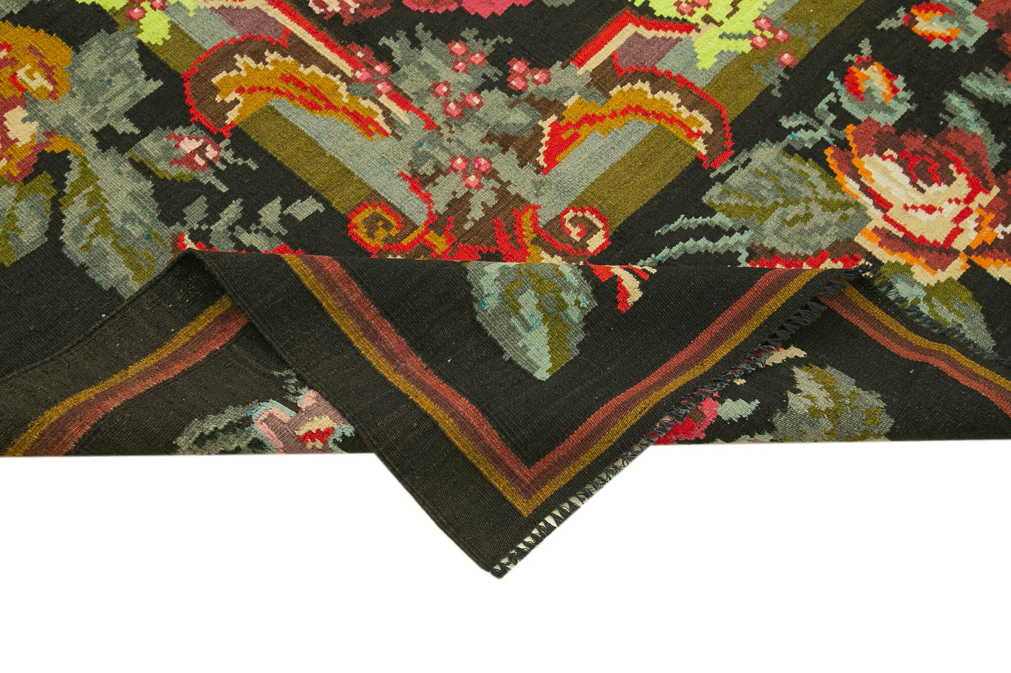 7 x 11 Black Vintage Moldovan Kilim Rug - 104