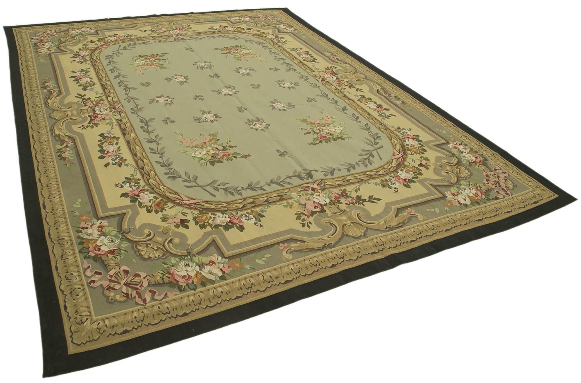 9 x 12 Green Aubusson Kilim - 1540