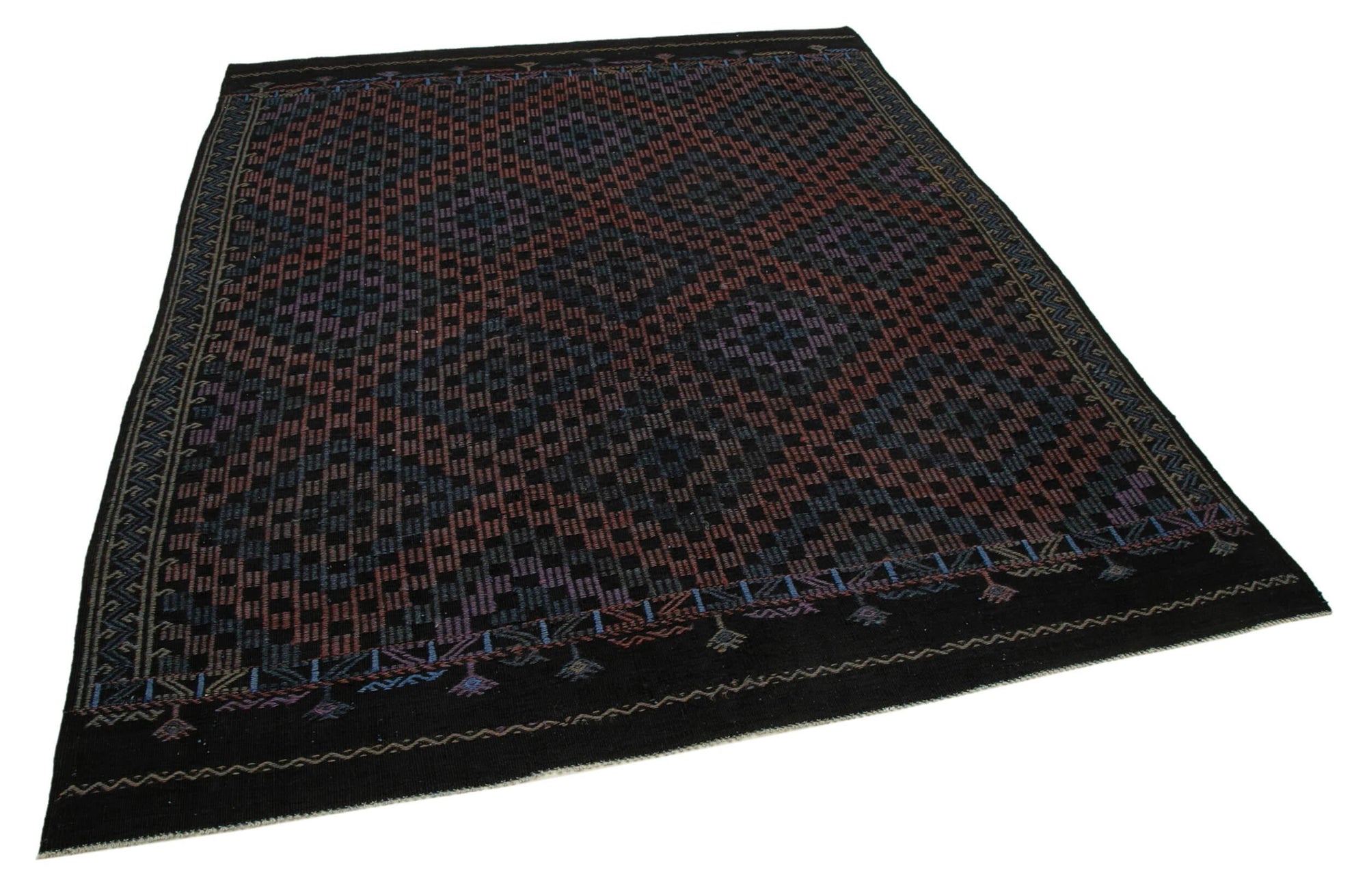 7 x 9 Black Vintage Turkish Kilim Rug - 3970