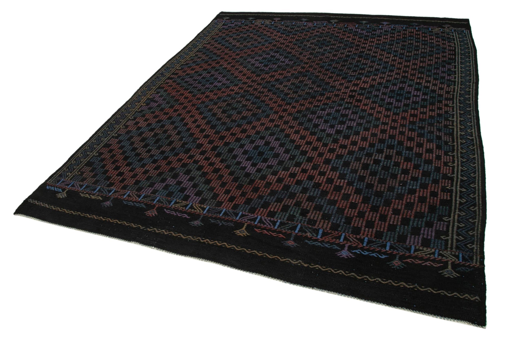 7 x 9 Black Vintage Turkish Kilim Rug - 3970